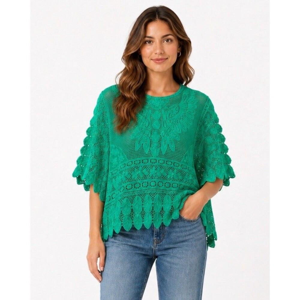 Chicos Crochet Open Knit Poncho Top Cotton Green Boho Oversize Small/Medium NWOT